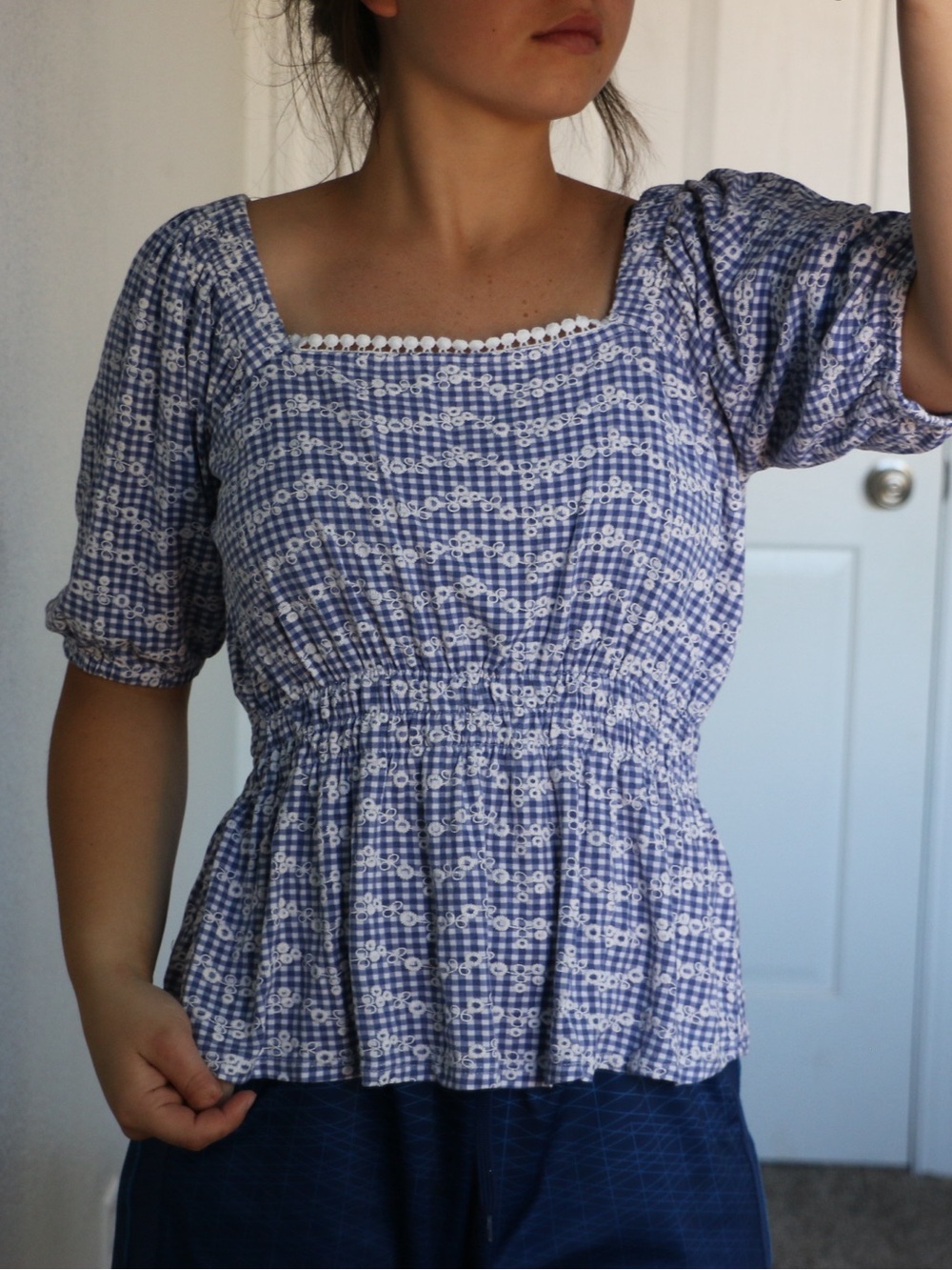 Square-Neck Smocked Peplum Blouse in Blue